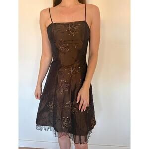 Vintage Girly Witchy Brown Floral Embroidered Lace Up Back Fit and Flare Dress